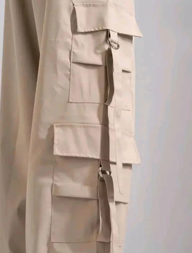 Women’s Cargo Pants Loose Fit Baggy Trousers with Pockets | High Waist Wide Leg Streetwear Joggers | Casual Cargo Polyester Pants - S, Cream