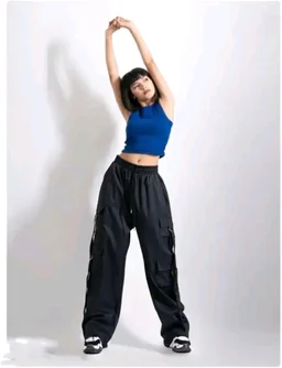 Women’s Cargo Pants Loose Fit Baggy Trousers with Pockets | High Waist Wide Leg Streetwear Joggers | Casual Cargo Polyester Pants - S, Black