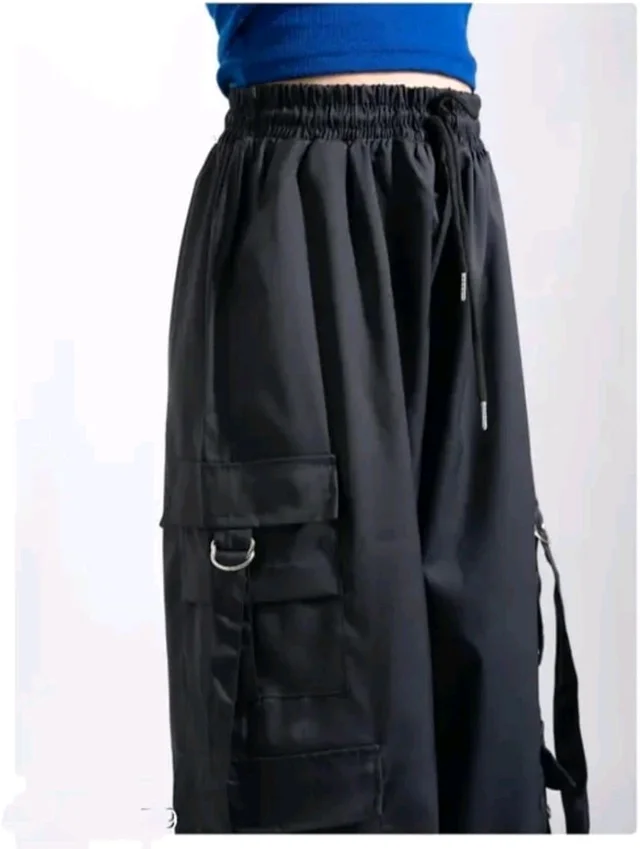 Women’s Cargo Pants Loose Fit Baggy Trousers with Pockets | High Waist Wide Leg Streetwear Joggers | Casual Cargo Polyester Pants - S, Black