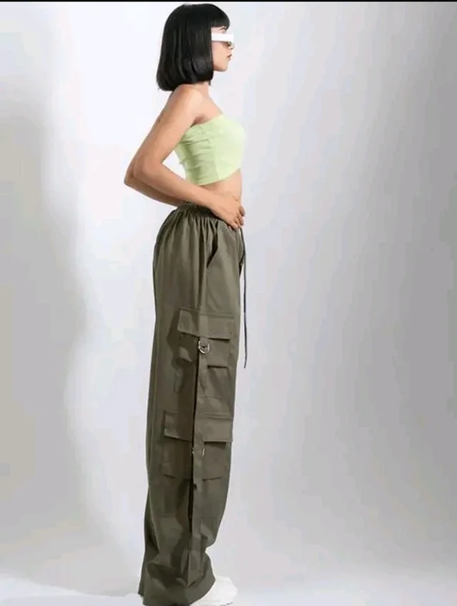 Women’s Cargo Pants Loose Fit Baggy Trousers with Pockets | High Waist Wide Leg Streetwear Joggers | Casual Cargo Polyester Pants - XS, Green
