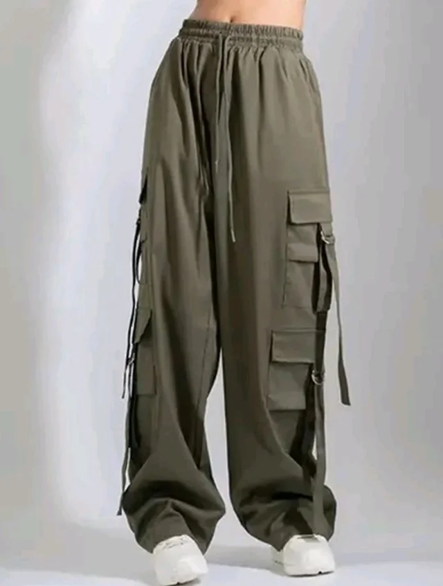 Women’s Cargo Pants Loose Fit Baggy Trousers with Pockets | High Waist Wide Leg Streetwear Joggers | Casual Cargo Polyester Pants - 4XL, Green
