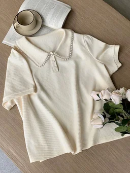 Korean Style Cream Color With Designer Collar Style For Beautiful Women | Casual Wear | Party Wear - S, ECRU WHITE
