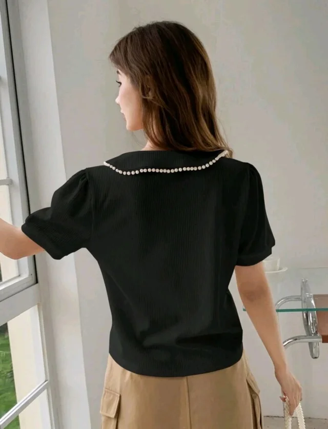 Korean Style Cream Color With Designer Collar Style For Beautiful Women | Casual Wear | Party Wear - S, Black