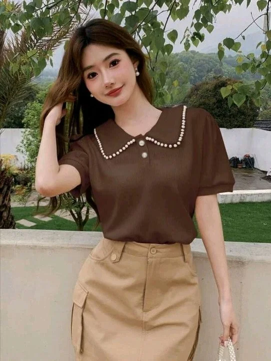 Korean Style Cream Color With Designer Collar Style For Beautiful Women | Casual Wear | Party Wear - S, Coffee