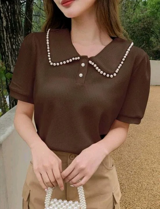 Korean Style Cream Color With Designer Collar Style For Beautiful Women | Casual Wear | Party Wear - S, Coffee