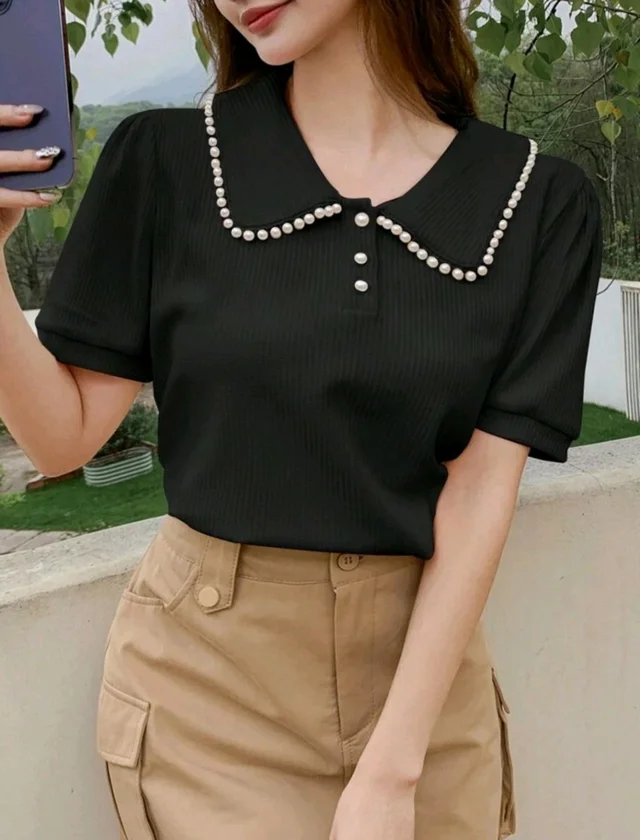 Korean Style Cream Color With Designer Collar Style For Beautiful Women | Casual Wear | Party Wear - M, Black