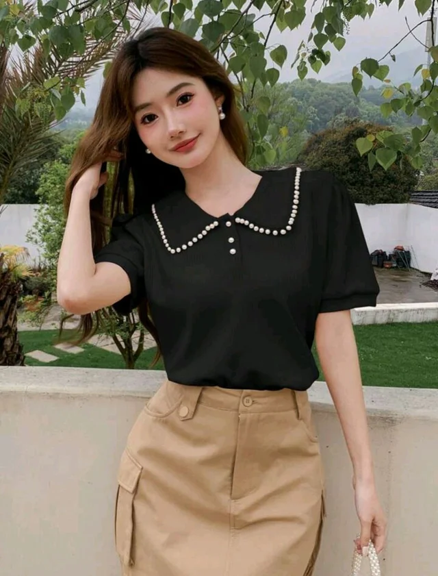 Korean Style Cream Color With Designer Collar Style For Beautiful Women | Casual Wear | Party Wear - M, Black