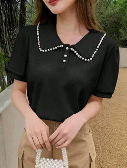 Korean Style Cream Color With Designer Collar Style For Beautiful Women | Casual Wear | Party Wear - M, Black