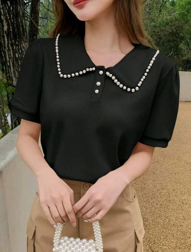 Korean Style Cream Color With Designer Collar Style For Beautiful Women | Casual Wear | Party Wear - M, Black
