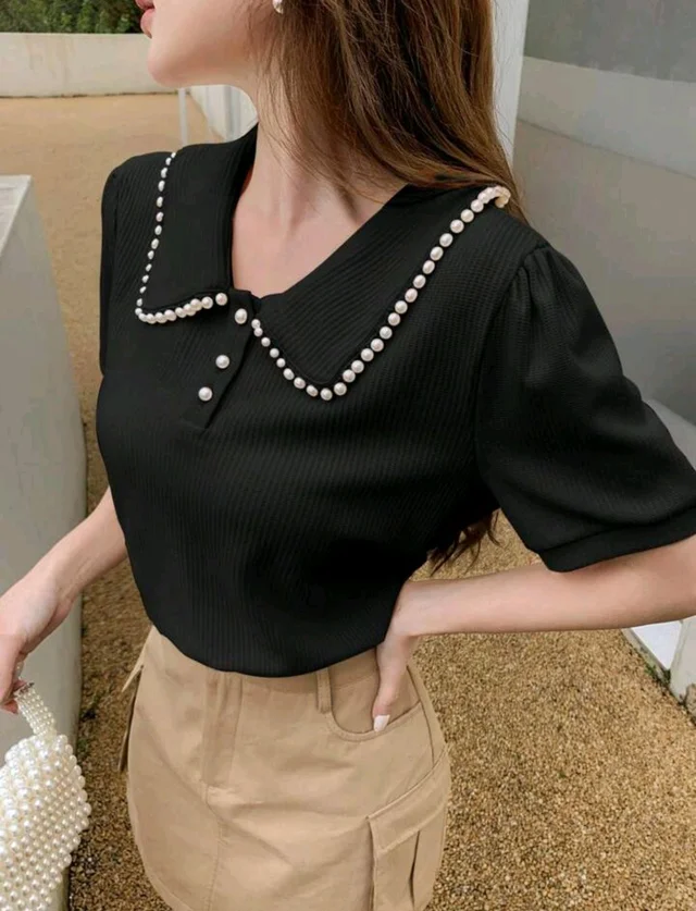 Korean Style Cream Color With Designer Collar Style For Beautiful Women | Casual Wear | Party Wear - M, Black