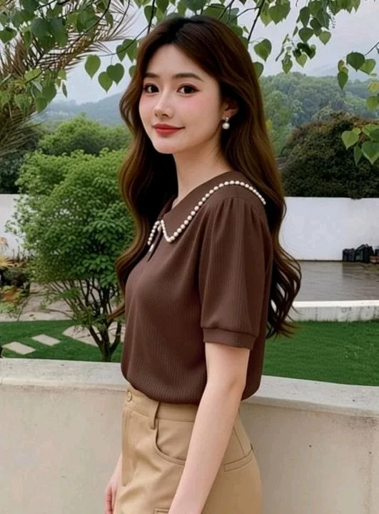 Korean Style Cream Color With Designer Collar Style For Beautiful Women | Casual Wear | Party Wear - M, Coffee