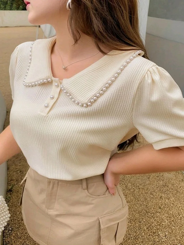 Korean Style Cream Color With Designer Collar Style For Beautiful Women | Casual Wear | Party Wear - L, ECRU WHITE