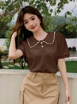 Korean Style Cream Color With Designer Collar Style For Beautiful Women | Casual Wear | Party Wear - XL, Coffee