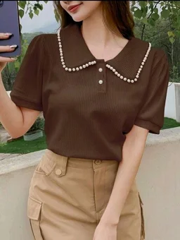 Korean Style Cream Color With Designer Collar Style For Beautiful Women | Casual Wear | Party Wear - XL, Coffee