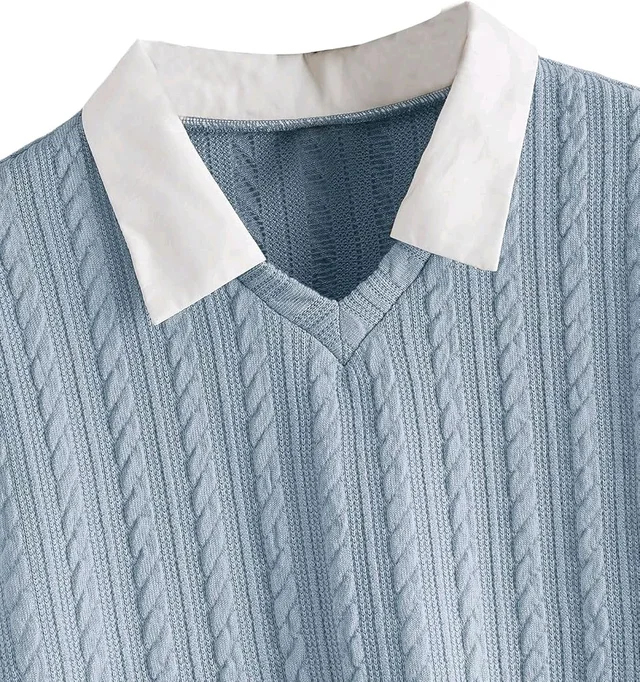 Women's Collar Long Sleeve Shirt Ribbed Knit 2 in 1 Blouse Crop Top - S, Sky Blue