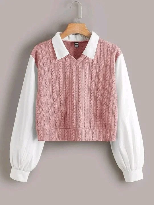 Women's Collar Long Sleeve Shirt Ribbed Knit 2 in 1 Blouse Crop Top - S, Pink