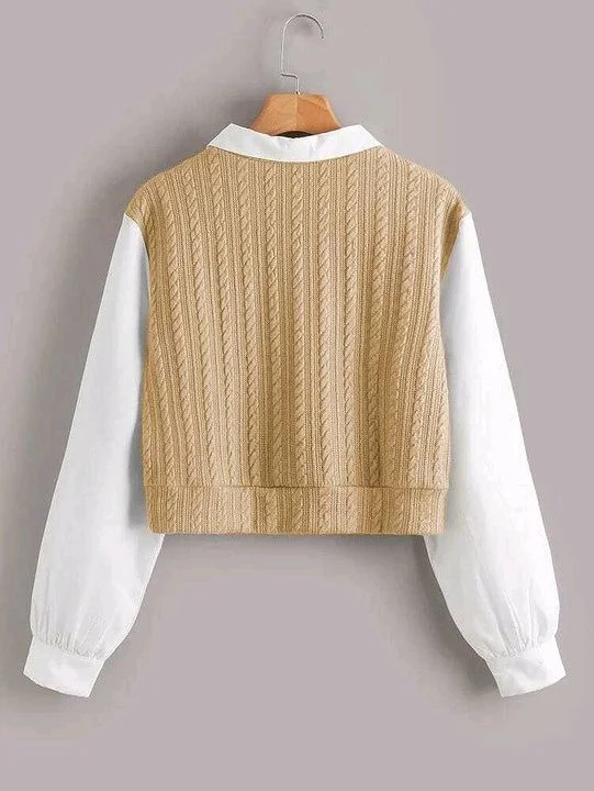 Women's Collar Long Sleeve Shirt Ribbed Knit 2 in 1 Blouse Crop Top - S, Sorrell Brown