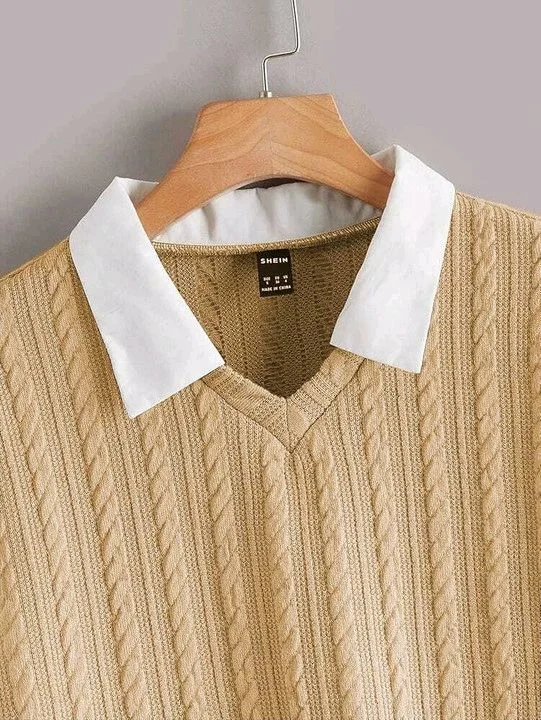 Women's Collar Long Sleeve Shirt Ribbed Knit 2 in 1 Blouse Crop Top - S, Sorrell Brown