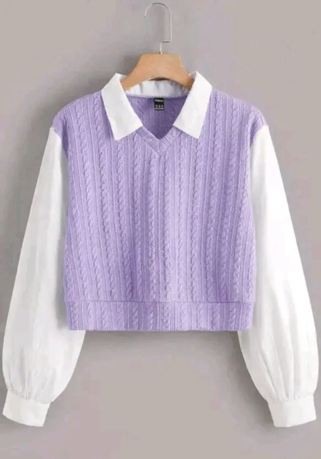Women's Collar Long Sleeve Shirt Ribbed Knit 2 in 1 Blouse Crop Top - S, Blue Bell