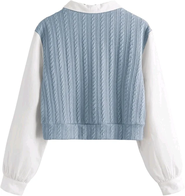 Women's Collar Long Sleeve Shirt Ribbed Knit 2 in 1 Blouse Crop Top - M, Sky Blue
