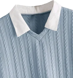 Women's Collar Long Sleeve Shirt Ribbed Knit 2 in 1 Blouse Crop Top - M, Sky Blue