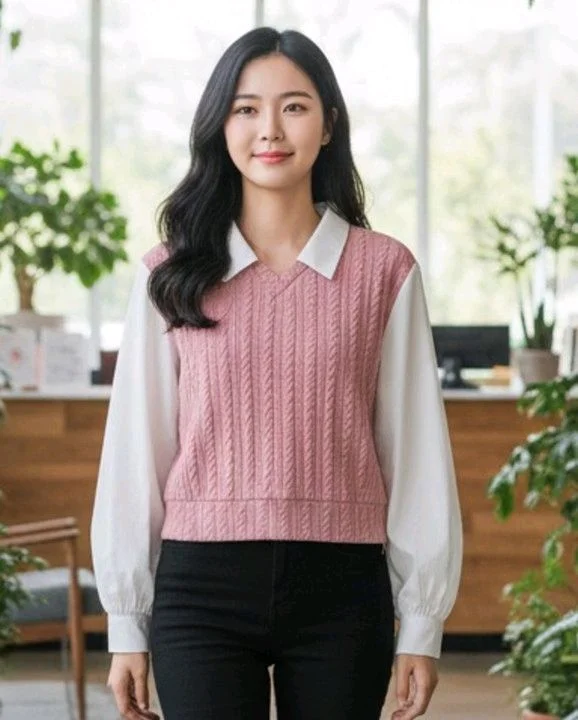 Women's Collar Long Sleeve Shirt Ribbed Knit 2 in 1 Blouse Crop Top - M, Pink