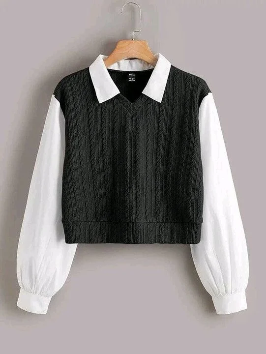 Women's Collar Long Sleeve Shirt Ribbed Knit 2 in 1 Blouse Crop Top - M, Black