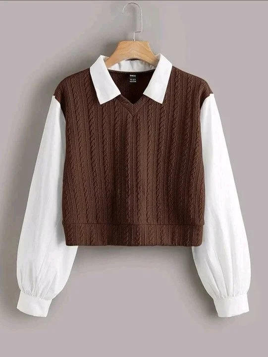 Women's Collar Long Sleeve Shirt Ribbed Knit 2 in 1 Blouse Crop Top - M, Brown