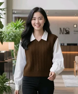 Women's Collar Long Sleeve Shirt Ribbed Knit 2 in 1 Blouse Crop Top - M, Brown