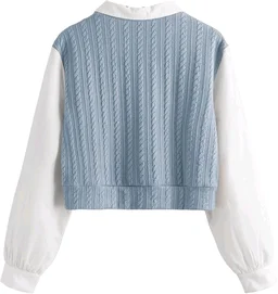 Women's Collar Long Sleeve Shirt Ribbed Knit 2 in 1 Blouse Crop Top - L, Sky Blue