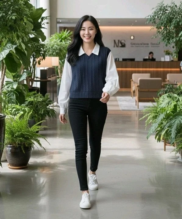 Women's Collar Long Sleeve Shirt Ribbed Knit 2 in 1 Blouse Crop Top - L, Navy Blue