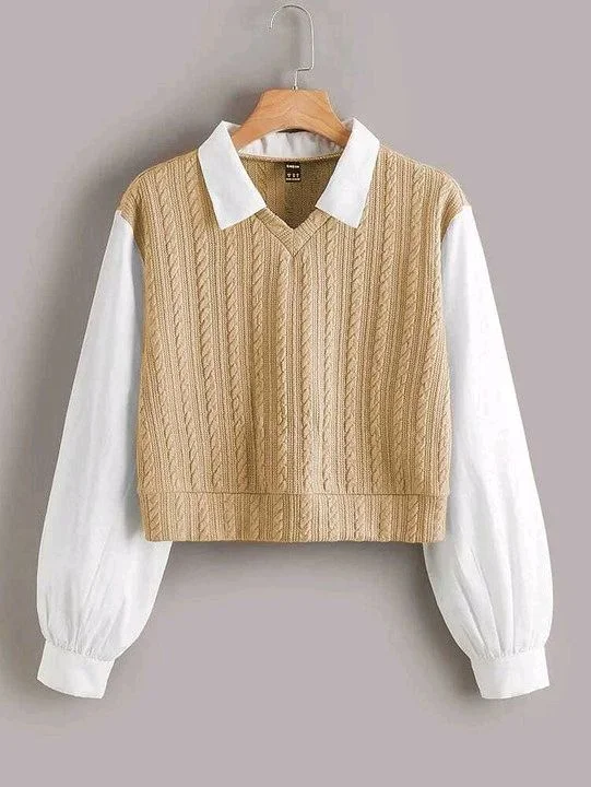 Women's Collar Long Sleeve Shirt Ribbed Knit 2 in 1 Blouse Crop Top - L, Sorrell Brown