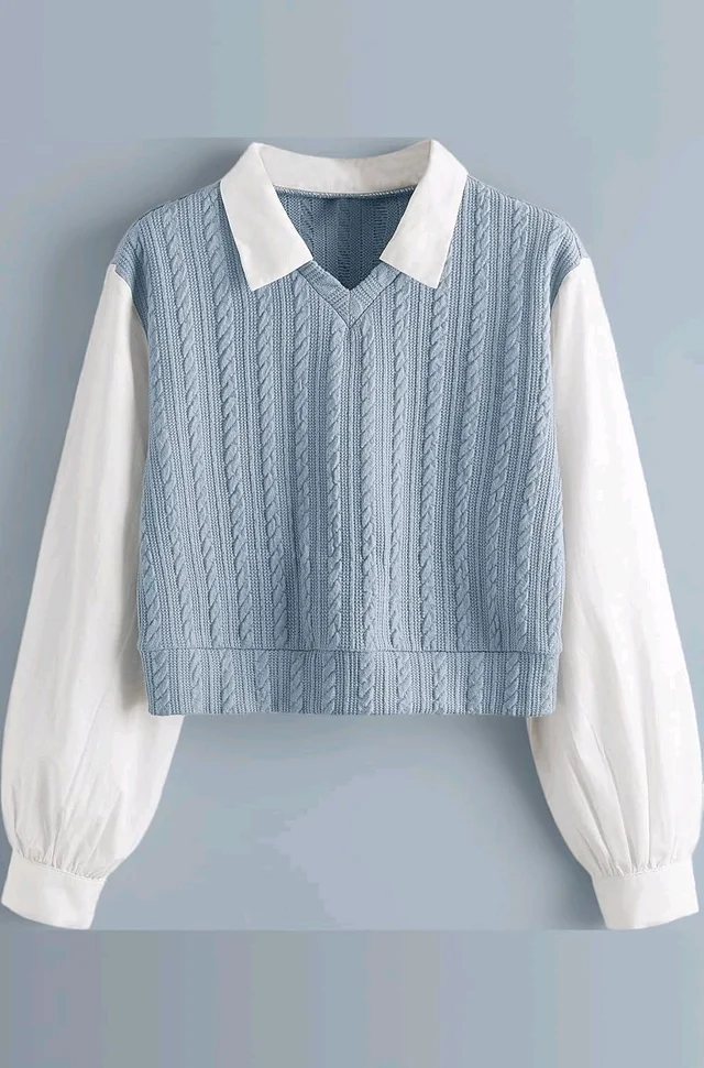 Women's Collar Long Sleeve Shirt Ribbed Knit 2 in 1 Blouse Crop Top - XL, Sky Blue