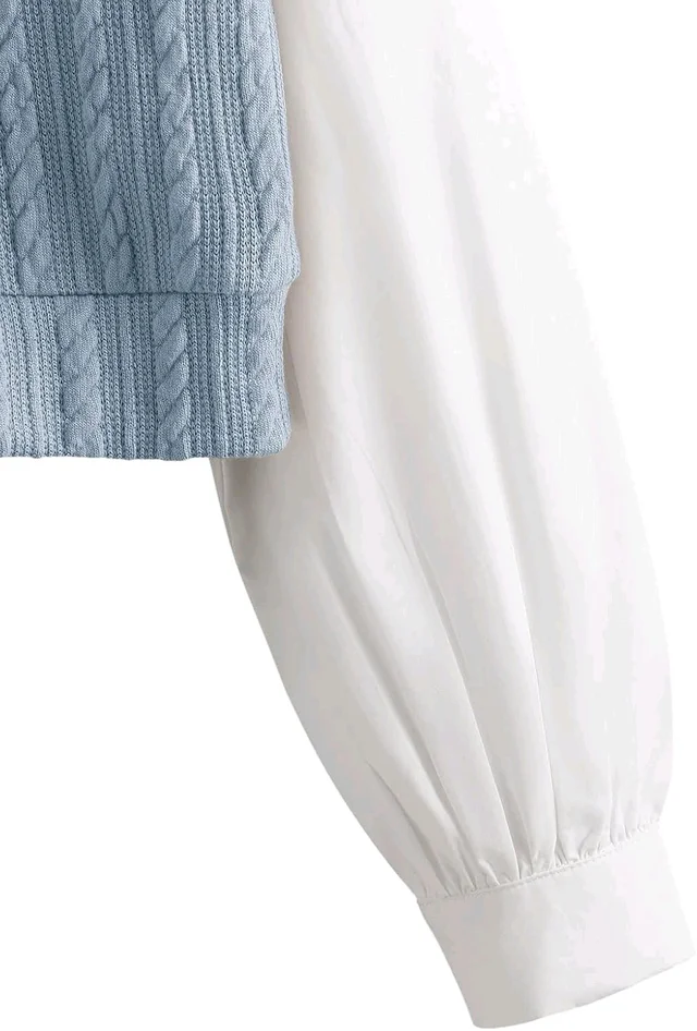 Women's Collar Long Sleeve Shirt Ribbed Knit 2 in 1 Blouse Crop Top - XL, Sky Blue