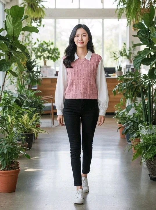 Women's Collar Long Sleeve Shirt Ribbed Knit 2 in 1 Blouse Crop Top - XL, Pink