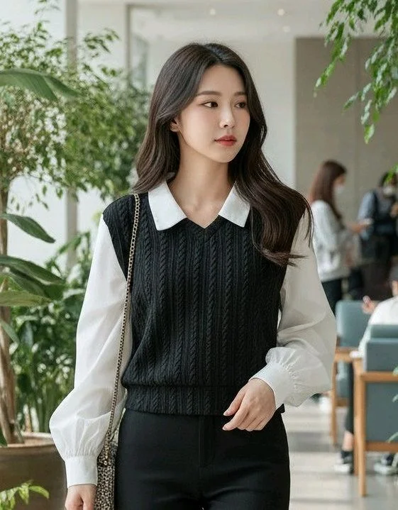 Women's Collar Long Sleeve Shirt Ribbed Knit 2 in 1 Blouse Crop Top - XL, Black