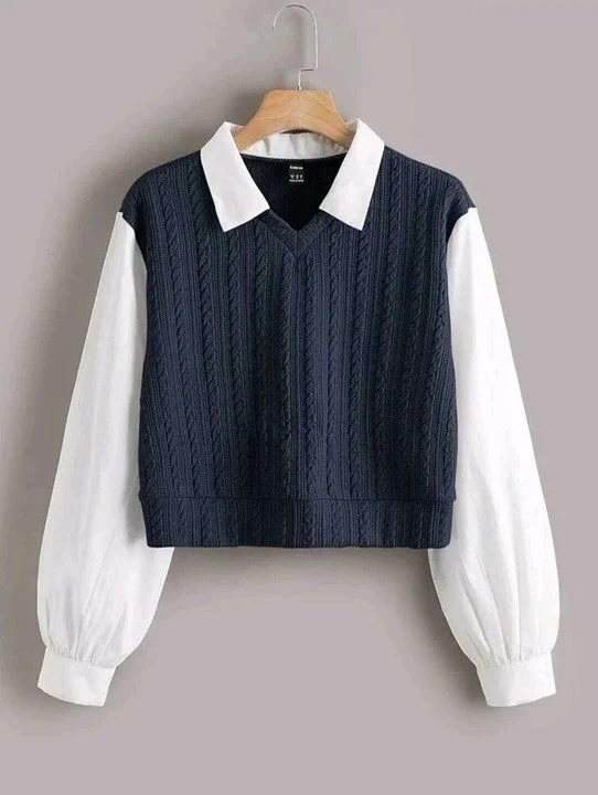 Women's Collar Long Sleeve Shirt Ribbed Knit 2 in 1 Blouse Crop Top - XL, Navy Blue