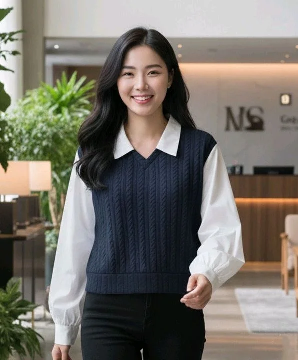 Women's Collar Long Sleeve Shirt Ribbed Knit 2 in 1 Blouse Crop Top - XL, Navy Blue