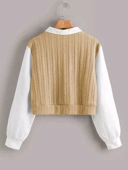 Women's Collar Long Sleeve Shirt Ribbed Knit 2 in 1 Blouse Crop Top - XL, Sorrell Brown