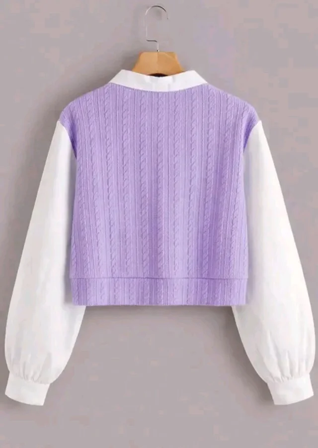 Women's Collar Long Sleeve Shirt Ribbed Knit 2 in 1 Blouse Crop Top - XL, Blue Bell