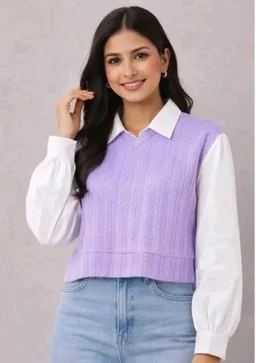 Women's Collar Long Sleeve Shirt Ribbed Knit 2 in 1 Blouse Crop Top - XL, Blue Bell