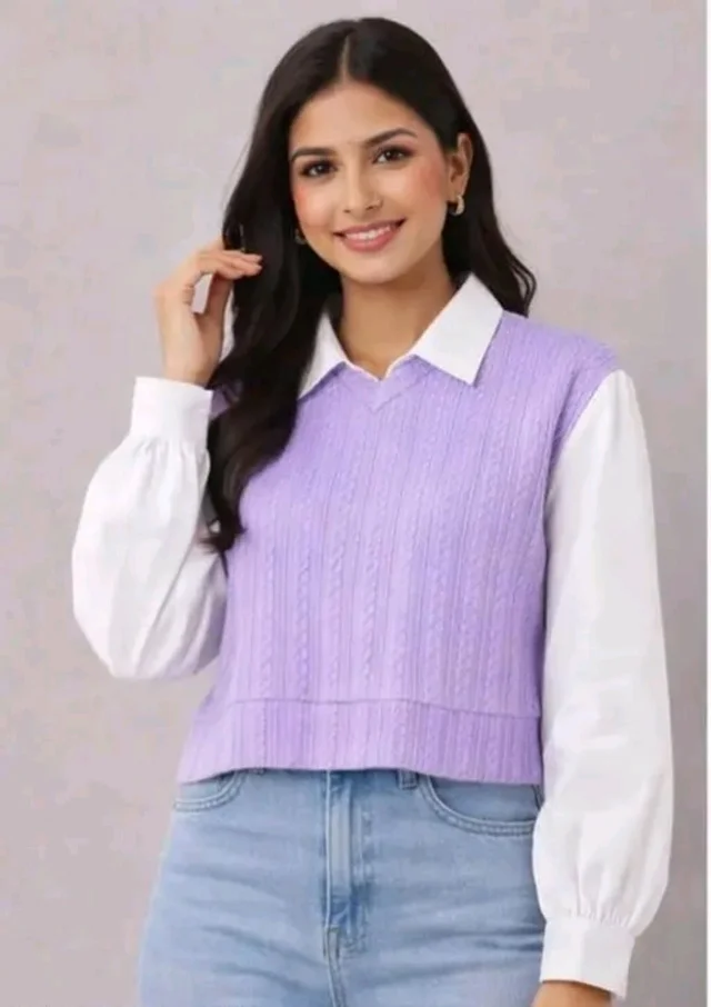 Women's Collar Long Sleeve Shirt Ribbed Knit 2 in 1 Blouse Crop Top - XL, Blue Bell