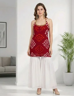 Women's Halter Neck Top, Red with Bandhani Print, Coin Embellished Neckline - L