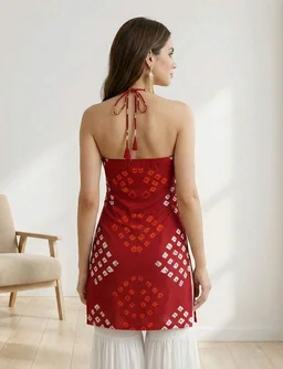 Women's Halter Neck Top, Red with Bandhani Print, Coin Embellished Neckline - M