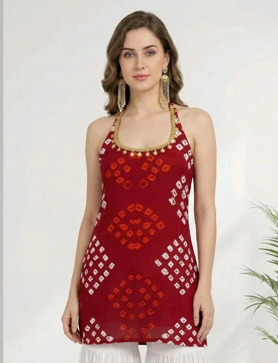 Women's Halter Neck Top, Red with Bandhani Print, Coin Embellished Neckline - M
