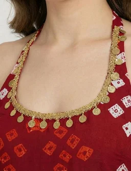 Women's Halter Neck Top, Red with Bandhani Print, Coin Embellished Neckline - M