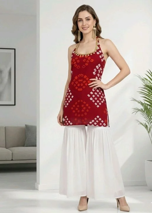 Women's Halter Neck Top, Red with Bandhani Print, Coin Embellished Neckline - S