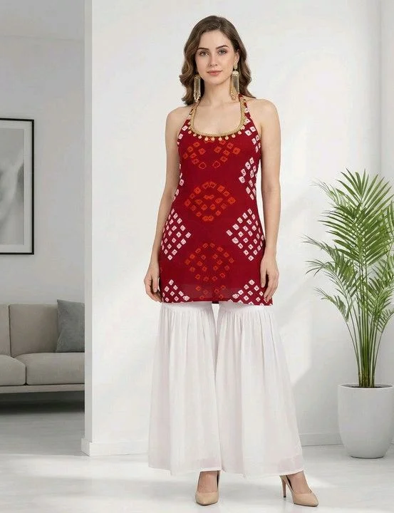 Women's Halter Neck Top, Red with Bandhani Print, Coin Embellished Neckline - XL