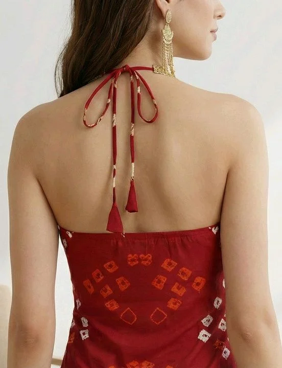 Women's Halter Neck Top, Red with Bandhani Print, Coin Embellished Neckline - XL