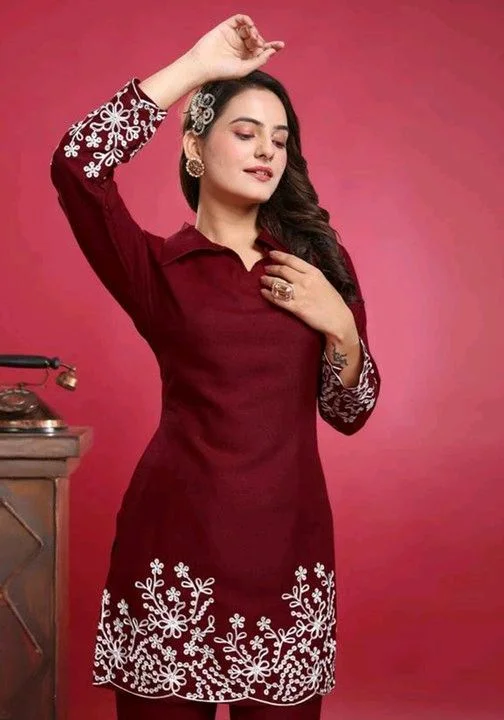 Women's Floral Embroidered Kurta Set with Pants, Maroon, 3/4 Sleeve - XS, Maroon